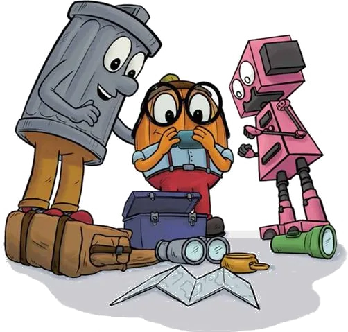 Pumpus and two robot friends sitting with a suitcase, toolbox, binoculars, map and compass, under the Boon-dah Learning logo