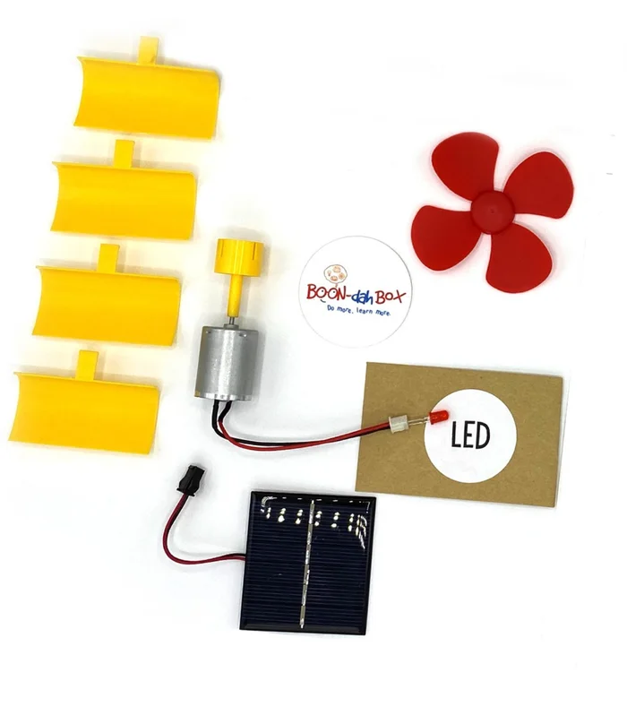 Boon-dah Box generator kit: turbine blades, motor, LED, propeller and solar panel
